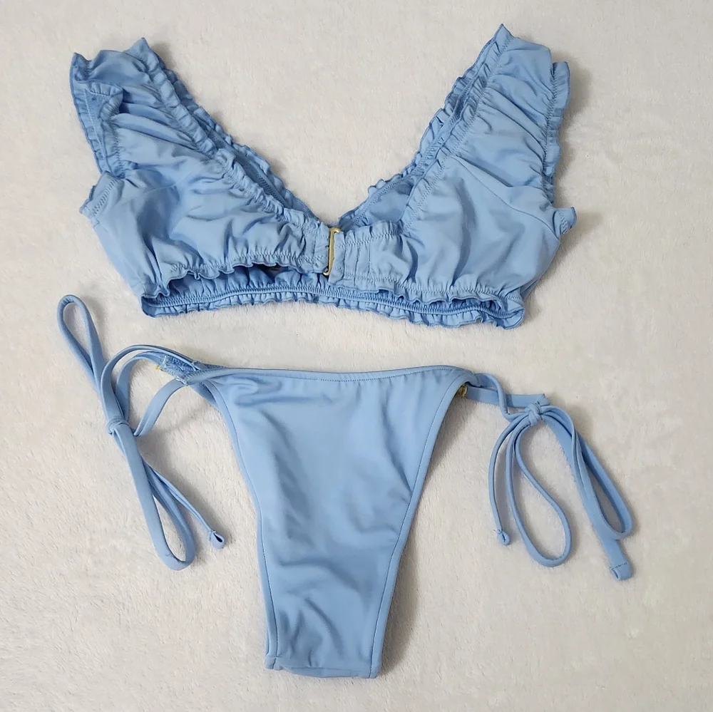 New!Frankies Bikini‎ x Pink Light Blue Ruffled Bikini Set